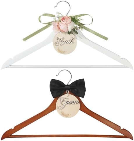 Bride & Groom Hanger with Personalized Name Tags, 2 Pack Dark Wood & White Wood Bridal Dress Hanger for Wedding Day Phot