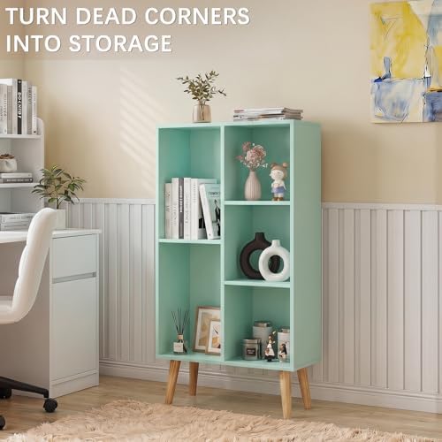YAHARBO Small Green Bookshelf,3 Tier Modern Kids Bookcase with Legs,5 Cube Wooden Bookshelves Storage Shelf,Book Shelves
