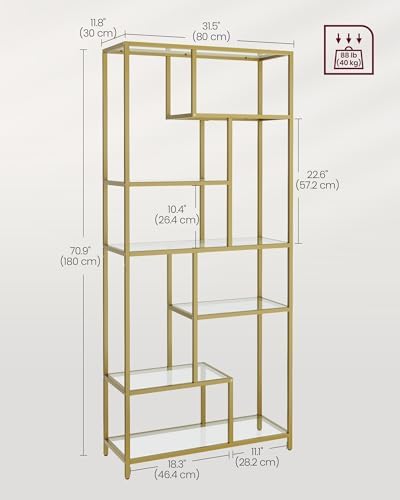 VASAGLE 6-Tier Bookcase, Slim Shelving Unit, Tempered Glass, Steel Frame