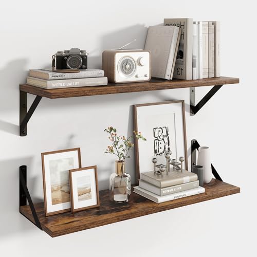 Axeman 24 Inch Floating Shelves, 8 Inch Deep Brown Wall Shelves Set of 2