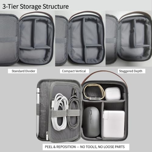 Tech Pouch 8.3" Cable Organizer, Leather Handle, EDC Bag for Travel & Cords