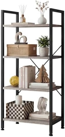 Sweetcrispy 4 Tier Bookshelf, Bookcase with Shelves, Wood Grey