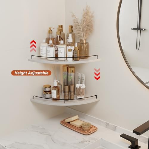 JJL Corner Shelf Wall Mounted, 12 Inches 2-Tier Floating Corner Shelf, Fan-Shaped Rustic Wood Decor with Fence, White Fl