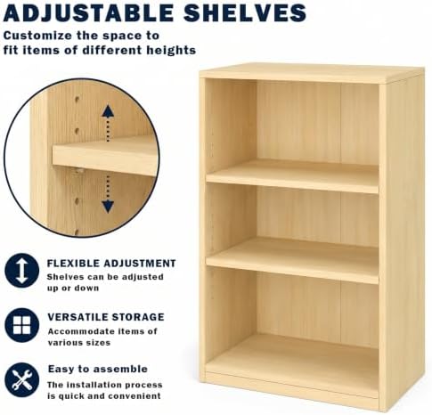 CTESNE【2026 Adjustable Shelves 3-Tier Bookcase, 71 inches, Wooden Open Display Floor Bookshelf (Oak Color)