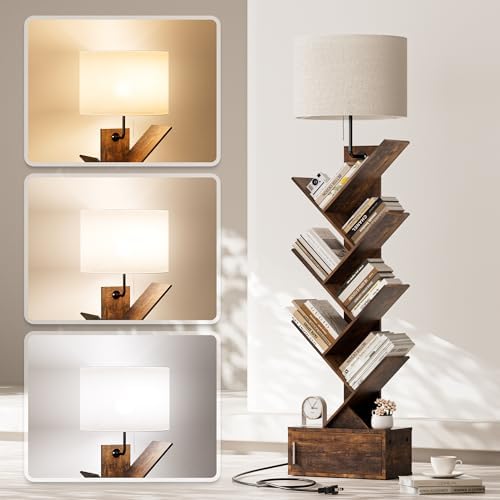 Tree Bookshelf with Light, 6 Tier Narrow Bookcase with Storage Cabinet, Tall Corner Book Shelf for Small Spaces, Vertica