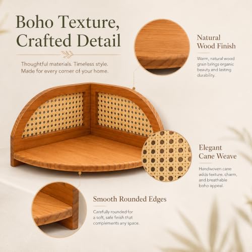 2 Pack Arched Boho Corner Shelf, Rattan Floating Wood Wall Shelves