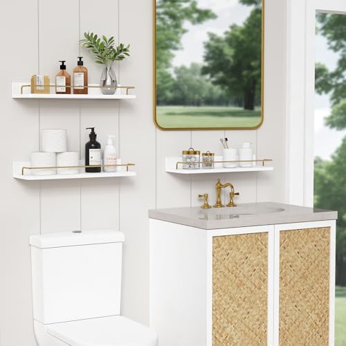 Forbena Gold Floating Shelves for Wall Decor Set of 3, Bathroom Shelves Over Toilet, Modern Display Wall Shelf with Guar