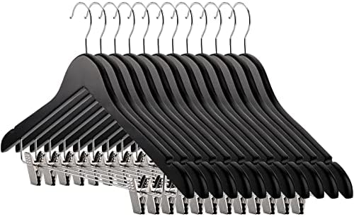 Tosnail 12-Pack Wooden Pants Clothes Hangers, Wooden Suit Hangers with Steel Clips and Hooks, Natural Solid Wood Collection Skirt Hangers, Standard Clothes Hangers - Black