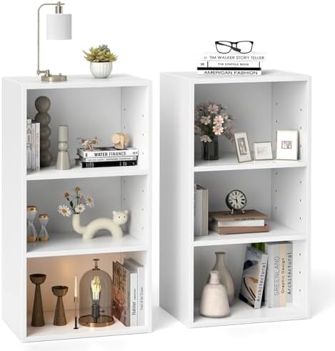 GOFLAME 3 Tier Small Open Bookshelf Set of 2, Short Bookcase with 2 Adjustable Shelves, Multifunctional Storage Cabinet,