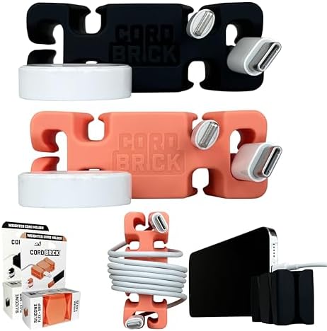 CordBrick 2PK Silicone + Steel Weighted Cord Holders for Nighstand, Cable Wraps for Travel, iPhone Accessories, Small Gr