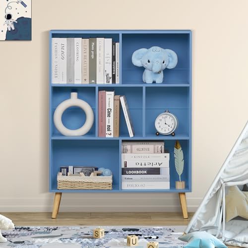 YAHARBO 7 Cube Bookshelf, Blue Kids Book Shelf with Cubby Storage,Wooden Modern Bookcase with Legs,3 Tier Freestanding D