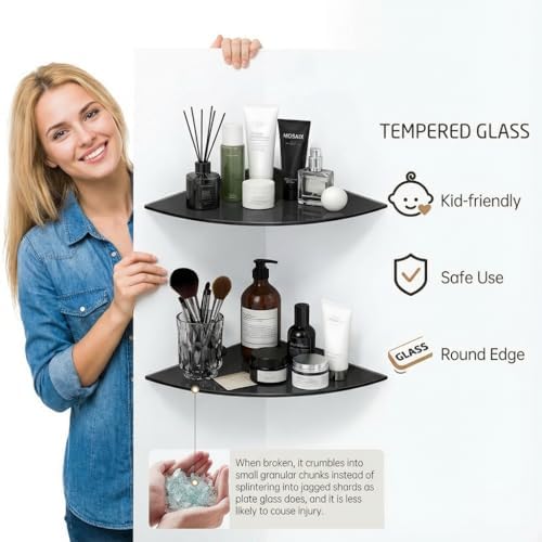 2 Pack Tempered Glass Corner Shelf SUS304 Stainless Drill Install