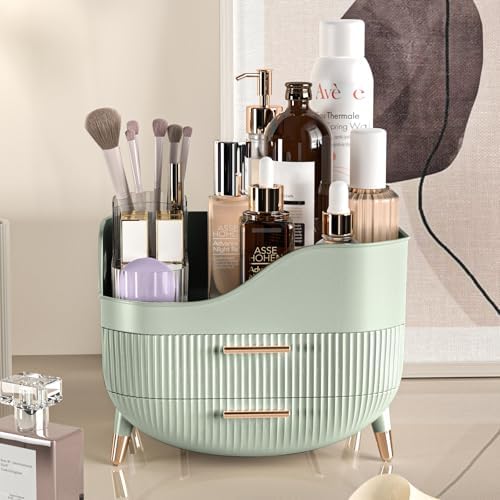 Pajiriona Makeup Organizer with Drawers, Green Skincare Organizer for Vanity, Storage Box with Handle, Large Cosmetic Di