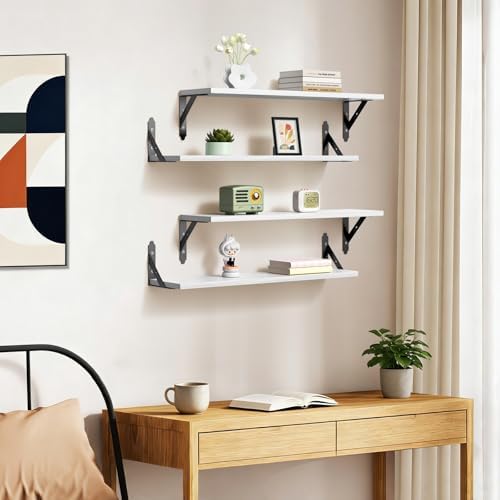 ROMGUAR CRAFT Wood Wall Floating Shelves Set of 4, 23.6" x 6" - White