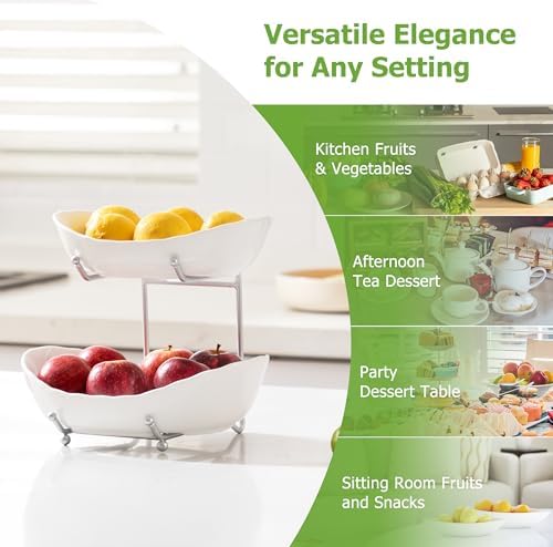 HBlife 2 Tier Fruit Bowl, Ceramic Fruit Basket for Kitchen Counter