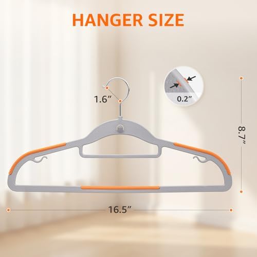 Yolife Cascading Plastic Clothes Hangers 10 Pack with Inner Hook for Vertical Storage, Slim Space Saving Hangers with Non-Slip Pads, 360° Swivel Metal Hook, Versatile, Gray & Orange