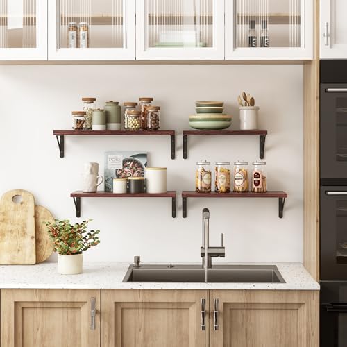 YGEOMER 4 Different Sizes Floating Shelves for Wall Decor, Walnut Red Brown