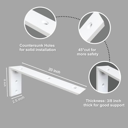Heavy Duty 20" White Granite Countertop Support Bracket 2 Pack - 3/8" Thick, 20"x8"x2.5" Shelf L Bracket Mantel Corbels 