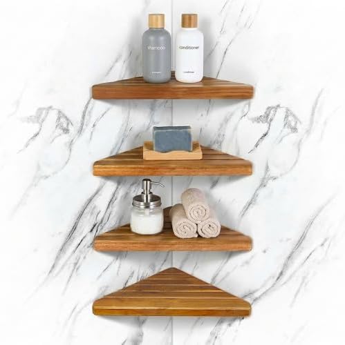 ENKEZI Acacia 2,3,4 Tiers Corner Shower Shelf, Triangular Corner Shelf Wooden Bathroom Shelf for Tiled Wall, Shower Corn