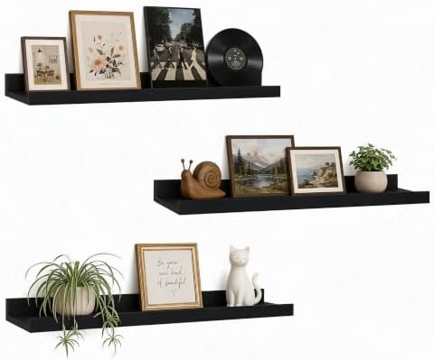 24inch Long Floating Shelves for Wall Decor, 3-Set Shelves with Lip, Black