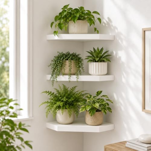 Floating Corner Wall Shelf, White MDF Display Shelf with Cable Management