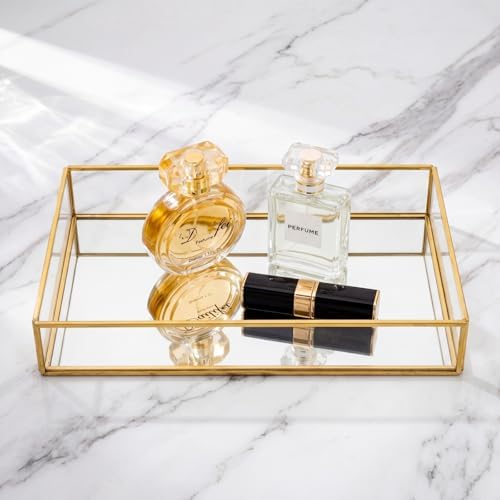 Lyellfe 2 Pack Perfume Trays, Decorative Gold Mirror Tray