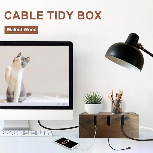 Elitzia Walnut Wood Cable Management Box for Desk Office, Magnetic Lid