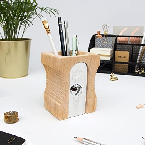 Suck UK Pen Holder - Wooden Pencil Sharpener - Stationary Organiser - Desk Tidy - Quirky Office Desk Accessories - Funny Pencil Pot Novelty Pen Holder - Vintage Teacher Gifts For Men - Light