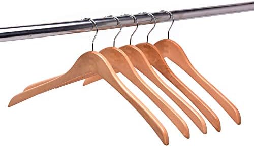 Quality Wooden Curved Coat and Suit Hangers - Smooth Solid Wood Pants Hangers With Swivel Hook for Coats, Jackets (Natural, 5)