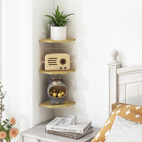 Corner Shelf Wall Mount, Floating Corner Shelves, Set of 3 Corner Wall Shelf Organizer, Rustic Wood Wall Storage Display