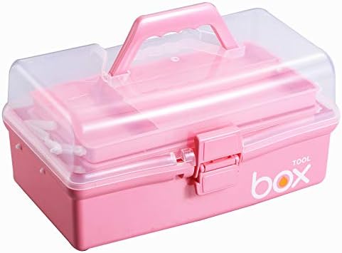 Kinsorcai 12'' Three-Layer Clear Plastic Storage Box with Handle, Craft Tool Box, 3 Layer Pink Tackle Box for Women, Org