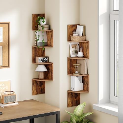 HOOBRO Corner Shelf Wall-Mounted, Set of 2 Floating Corner Shelves for Wall, 4-Tier Corner Bookshelves Floating Shelf fo