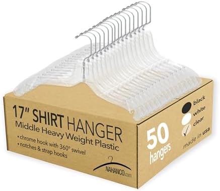 NAHANCO 17” Clear Mid-Heavyweight Plastic Hanger, 50 Pack, Made in USA