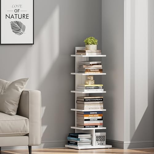 TUTOTAK Book Shelf, Narrow Spine Bookshelf, 6-Tier Bookcase for Small Space