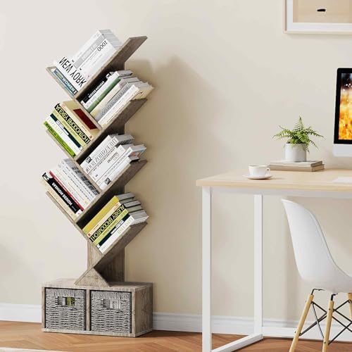 Vagusicc 6 Tier Tree Bookshelf with 2 Storage Cabinets, Tall Display Shelf Organizer for Books, Magazines, Home Decor, N