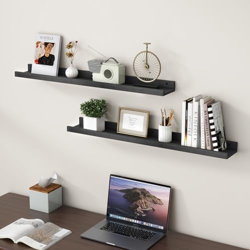 FLYJOE Picture Ledge Shelf Wall, 36 inch Solid Ash Wood Nursery Book Shelves 2 Packs, Floating Ledge Shelves for Kids' Room Bedroom Bathroom Living Room Photo Frames Office Nursey Wall Decor, Black