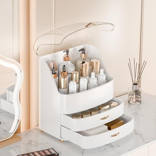 Makeup Organizer Countertop Vanity with Transparent Lid Drawers Waterproof Dustproof Cosmetic Skincare Bathroom Storage 