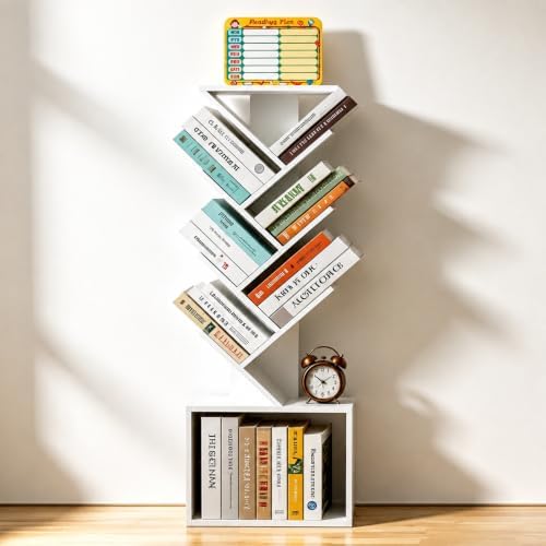 7-Tier Tree Bookshelf with Reading Planner & Activity Panel, Small Bookcase