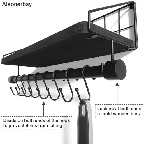 Alsonerbay Floating Shelf for Wall with Wooden Towel Bar, Black
