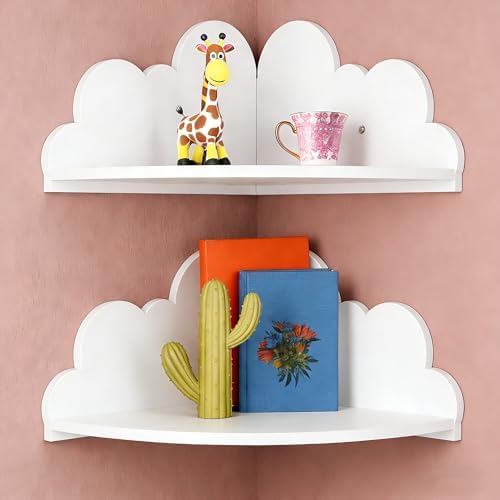 Cloud Corner Floating Shelves, 2-Tier White Cloud Corner Shelf Wall Mounted, Cute Nursery Wall Decor, Small Wooden Displ
