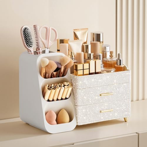 HBlife Makeup Organizer with Brush Holder for Vanity, Large Plastic Bathroom Countertop Organizer Skin Care Storage, Eas
