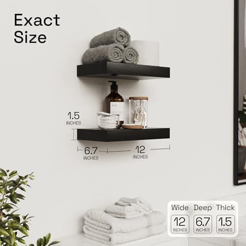 Solid Wood Floating Shelves for Wall 12 Inch Black, Small Wooden Shelf