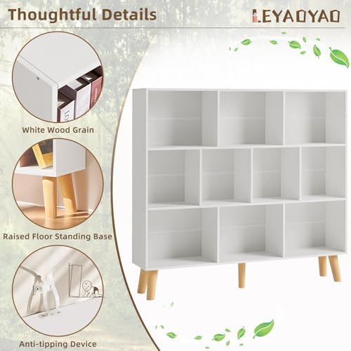 LEYAOYAO 10 Cube Bookshelf, Mid-Century Modern Book Shelf with Legs, White