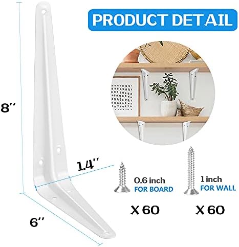 20 Pack Shelf Brackets 8 Inches White, Heavy Duty Steel Metal L Brackets for Shelves, J Brackets Wall Angel Corner Brace