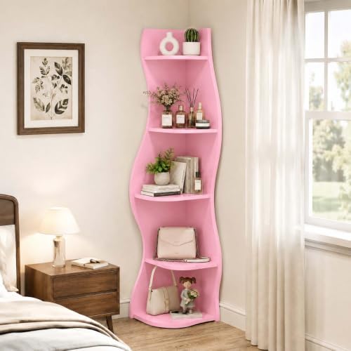 HRVEOCEI 5-Tier Wavy Corner Shelf with Curvy Shape for Small Space, Pink