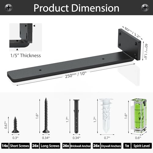 Floating Shelf Brackets 10 Inch 6 Pack, Hidden L Brackets for Shelves Black