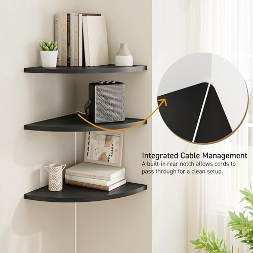Venusmiles Corner Shelf Wall Mount, Engineered Wood Floating Corner Shelves with Cable Hole, Wall Mounted Storage Displa