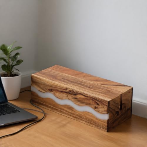 Acacia Wood & Epoxy Cable Management Box, 16X 6 X 5.5 Cable Hider Box, Cable Organizer Box Ideal for Under Desk Cable Ma