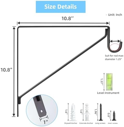 10-Pack Closet Rod Bracket, 10.8x10.8Inch Closet Shelf Brackets Heavy Duty Wall Mounted, Matte Black Steel Closet Rod Su