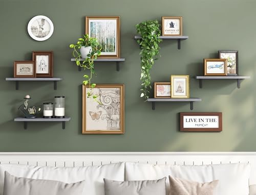 Fixwal Wood Floating Shelves Set of 6, Wall Mounted - Farmhouse Shelf for Bedroom, Bathroom Storage - Grey